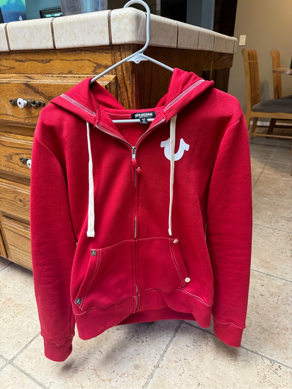 Men’s True Religion Buddha Red Full Zip Hoodie with White Logo (Small)